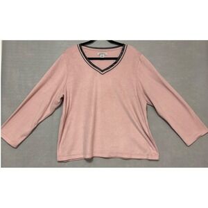 Liz Claiborne Womens XL Pink Fleece V-Neck Long Sleeve Top Faux Leather Trim